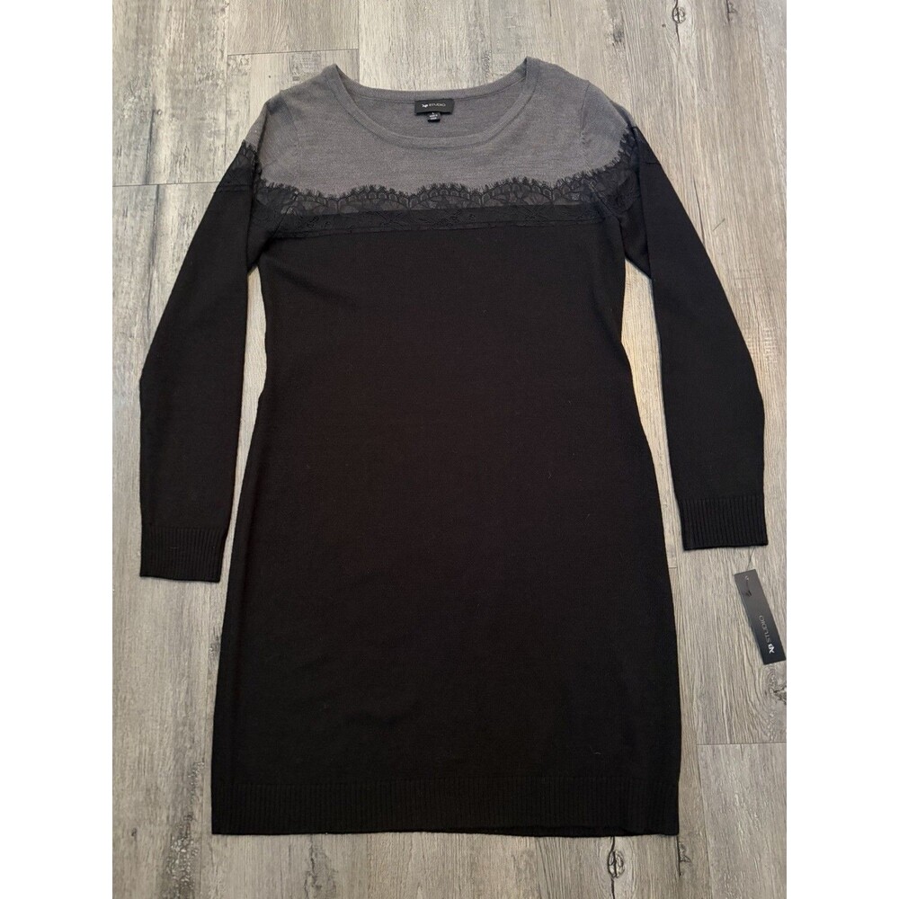 AB Studio Long Sleeve Sweater Dress With Lace Trim Size Large Black And Gray